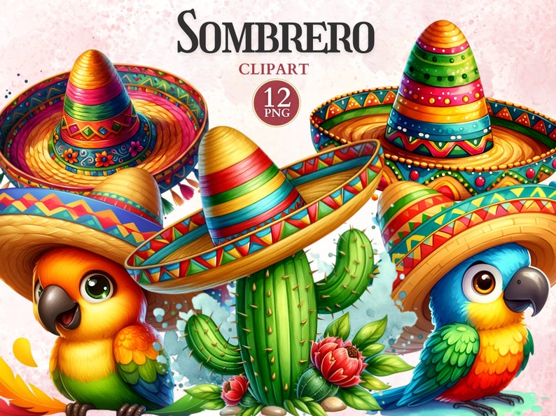 May include: A set of three colorful Mexican sombreros with a cactus and two parrots. The sombreros have a straw base with colorful trim and a pointed top. The parrots are green, blue, orange, and yellow. The cactus is green with red flowers.