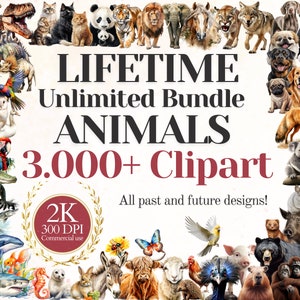 Paquete de imágenes prediseñadas de ANIMALES, más de 3.000 imágenes Png, colección completa ilimitada de por vida, diseños pasados y futuros, uso comercial