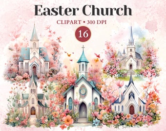 Easter Church Clipart, Church Graphics, Religious Easter Clipart, Watercolor Cross, Catholic Icons Digital