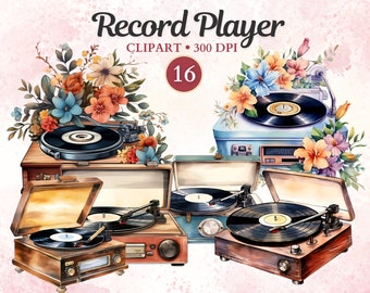 May include: A set of 16 watercolor illustrations of vintage record players with floral accents. The record players are in various colors and styles, including blue, brown, and green. The flowers are in shades of pink, orange, and yellow.