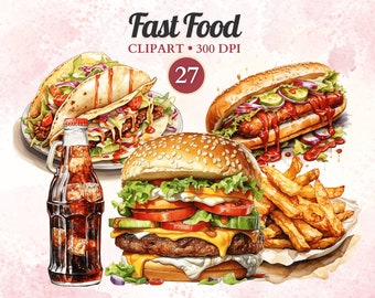 Fast Food Clipart, Watercolor, Junk Food Clipart, Food Png, Hamburger, Pizza, French Fries, Transparent Png, Instant Download