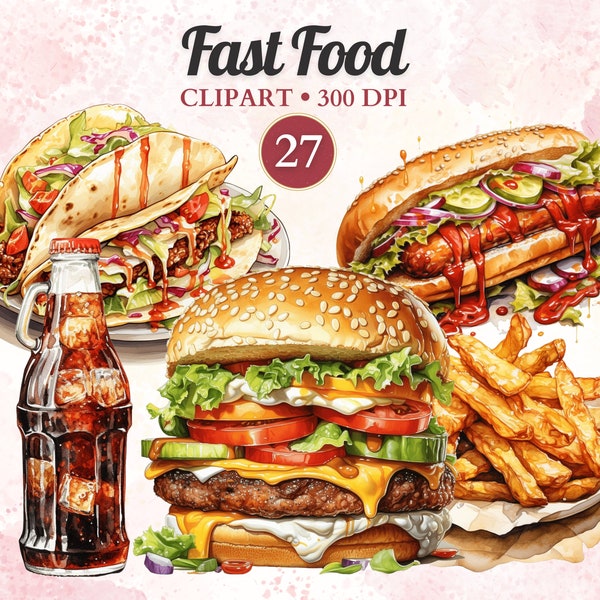 Fast Food Clipart, Watercolor, Junk Food Clipart, Food Png, Hamburger, Pizza, French Fries, Transparent Png, Instant Download