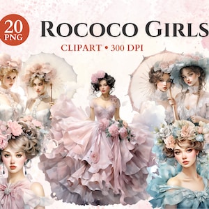 Rococó Girls Clipart, Old Scrapbook Lady, Rococó Ladies, Rococó Flower Girl, Dama Romántica, Dama Impecable, Png Transparente, Descarga Instantánea