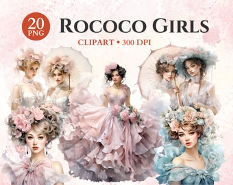 ロココ ガールズ クリップアート、古いスクラップブックの女性、ロココの女性、ロココのフラワーガール、ロマンチックな女性、完璧な女性、透明な PNG、即時ダウンロード