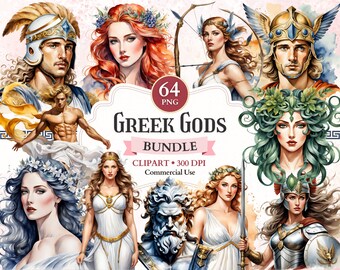May include: A digital clipart bundle of 64 Greek gods and goddesses. The illustrations are in a watercolor style and feature a variety of characters, including Zeus, Hera, Poseidon, Athena, and Aphrodite. The bundle is perfect for use in digital projects, such as scrapbooking, card making, and web design.