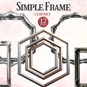 May include: A set of 12 silver and black picture frames with different shapes, including octagons, hexagons, and squares. The frames are isolated on a pink watercolor background.