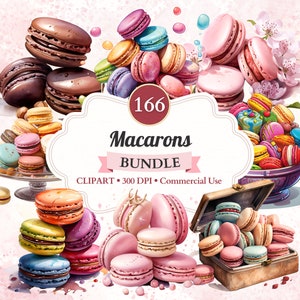Op de afbeelding: Een verzameling van 166 kleurrijke macarons in verschillende arrangementen. De macarons worden gepresenteerd in een kom, een doos en op een bord. De macarons zijn versierd met verschillende kleuren en smaken. De afbeelding bevat de tekst "166 Macarons Bundle CLIPART • 300 DPI • Commercial Use".