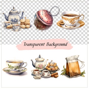 May include: A watercolor illustration of tea time accessories, including a teapot, teacups, tea bags, a tea infuser, and cookies. The illustration is on a transparent background.