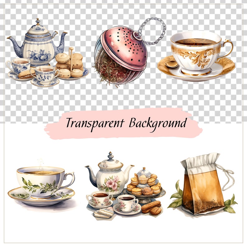 May include: A watercolor illustration of tea time accessories, including a teapot, teacups, tea bags, a tea infuser, and cookies. The illustration is on a transparent background.