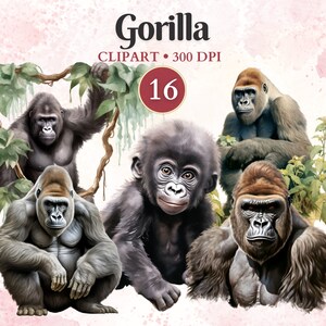 May include: A digital illustration of five gorillas in a jungle setting. The gorillas are depicted in a realistic style with detailed fur and facial expressions. The image is set against a pink watercolour background with green foliage.