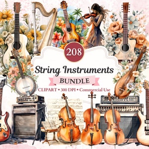 Snaarinstrumenten clipartbundel, muziekinstrument, viool, gitaar, harp, banjo, muzikant, muziek clipart, muziek png
