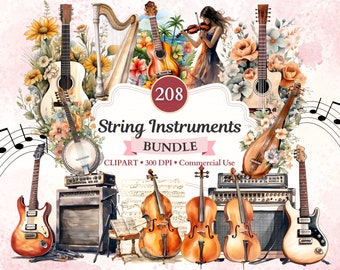 String Instruments Clipart Bundle, Musical Instrument, Violin, Guitar, Harp, Banjo, Musician, Music Clipart, Music Png