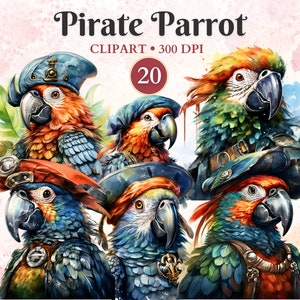 Pirate Parrot Clipart, Pirates Clipart, Watercolor, Party, Birthday, Theme, Treasure, Fantasy, Scrapbooking, Invitation, Buccaneers, Png