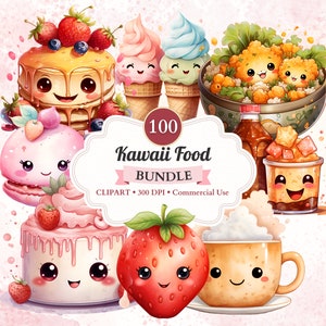 Pacchetto Clipart cibo Kawaii, Set, Acquerello, Cibo carino, Dolci, Caramelle, Fast Food, Colazione, Frutta, Png trasparente, Uso commerciale