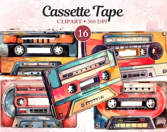 May include: A set of 16 watercolor-style illustrations of cassette tapes. The tapes are in various colors, including red, orange, yellow, blue, and green. The tapes are all in a vintage style, with a worn and faded look.