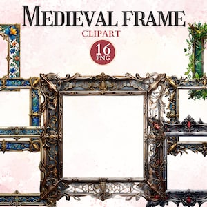 May include: Set of 16 digital clipart images of ornate medieval frames in various styles and colors. The frames are perfect for adding a touch of vintage elegance to your designs.