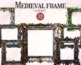 May include: Set of 16 digital clipart images of ornate medieval frames in various styles and colors. The frames are perfect for adding a touch of vintage elegance to your designs.