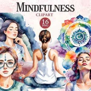 Puede incluir: Ilustraciones de acuarela de tres mujeres meditando, una durmiendo y un mandala colorido. Las ilustraciones están en un estilo suave y de ensueño con un fondo rosa. El texto "MINDFULNESS CLIPART 16 PNG" está en la parte superior de la imagen.