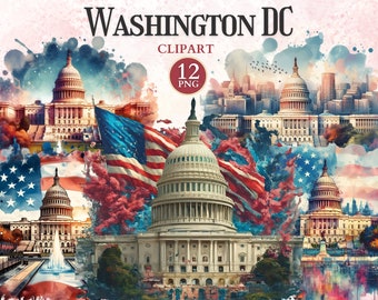 Washington DC Clipart, Capitol Building, Washington Skyline, City Silhouette, USA Flag Clipart, White House Vector, District of Columbia