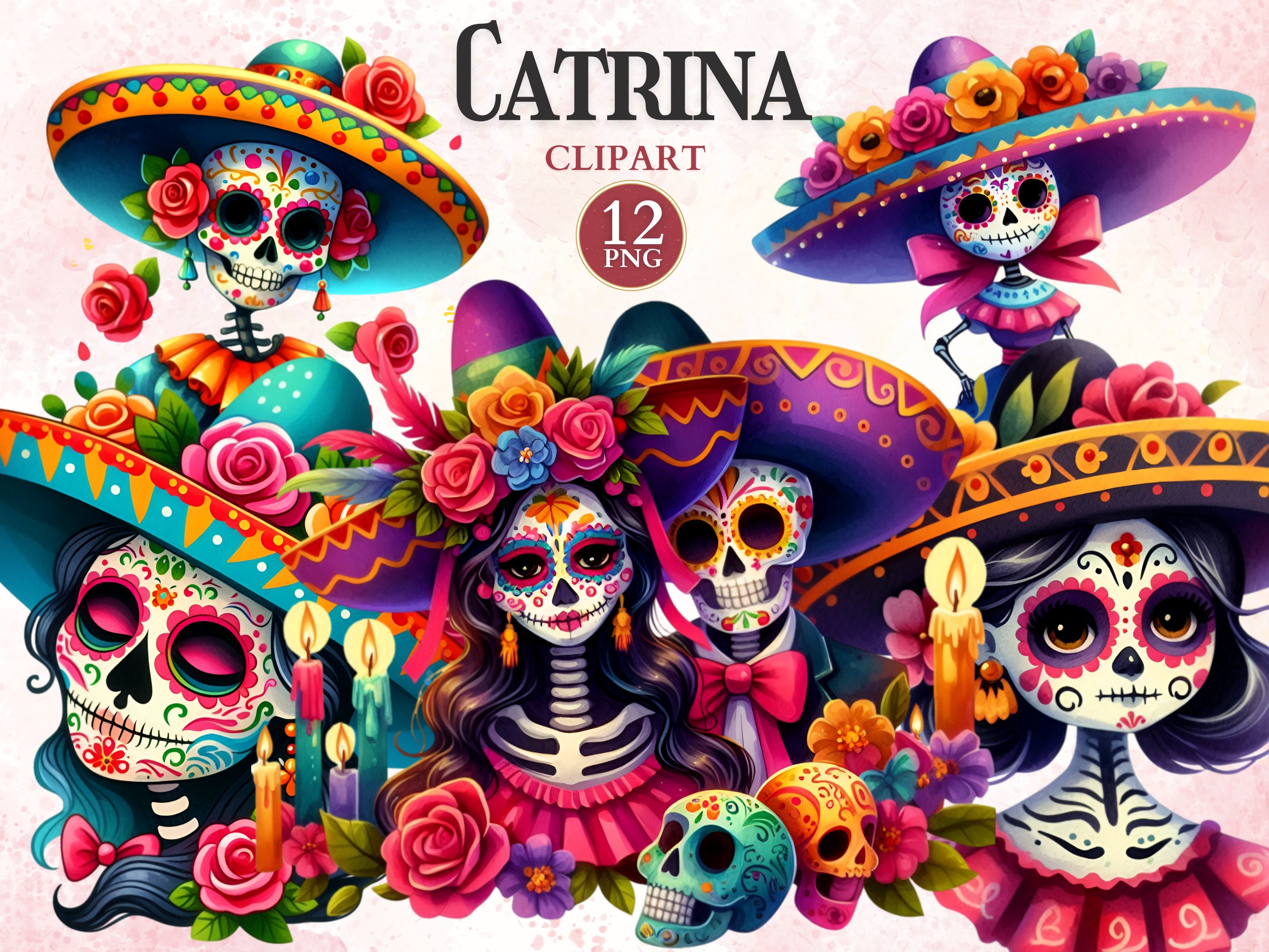 Catrina Clipart, Sugarskull, Dia De Los Muertos, Papel Picado, Mexican Halloween, Mexican Fiesta, Calaveras, Skeleton Clipart, Travel Vector