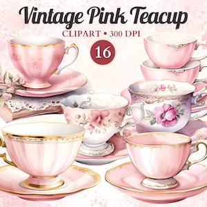 May include: A set of 16 vintage pink teacups with gold trim and floral designs. The teacups are arranged on a white background with a book and lace doily.