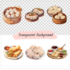 Puede incluir: Una colecci&oacute;n de seis ilustraciones de diferentes alb&oacute;ndigas chinas, incluyendo alb&oacute;ndigas al vapor en vaporeras de bamb&uacute;, alb&oacute;ndigas fritas en un plato y alb&oacute;ndigas con salsas para mojar. Las ilustraciones est&aacute;n en un estilo de acuarela y tienen un fondo transparente.