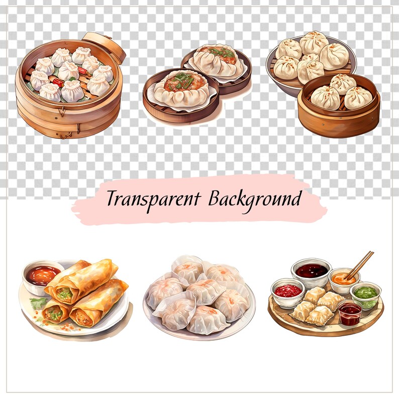 Puede incluir: Una colecci&oacute;n de seis ilustraciones de diferentes alb&oacute;ndigas chinas, incluyendo alb&oacute;ndigas al vapor en vaporeras de bamb&uacute;, alb&oacute;ndigas fritas en un plato y alb&oacute;ndigas con salsas para mojar. Las ilustraciones est&aacute;n en un estilo de acuarela y tienen un fondo transparente.