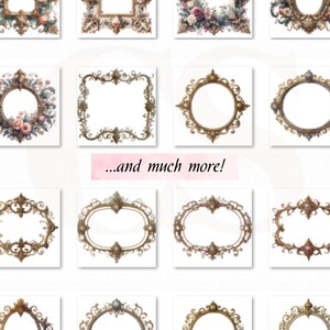 May include: A collection of ornate gold frames with various shapes and sizes. Some frames are decorated with floral designs and others have a more simple design. The frames are perfect for adding a touch of elegance to any project.