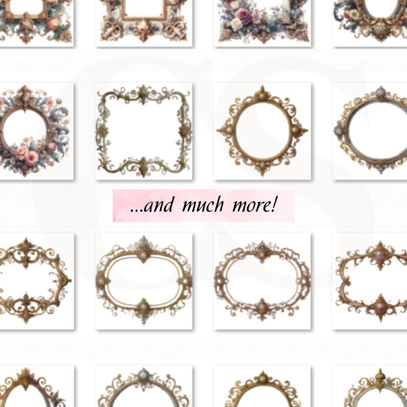 May include: A collection of ornate gold frames with various shapes and sizes. Some frames are decorated with floral designs and others have a more simple design. The frames are perfect for adding a touch of elegance to any project.