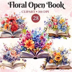 Bloemen open boek clipart, fantasyboeken, magische boeken, aquarel png, fantasie clipart, transparante png, Instant Download