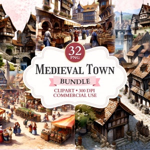 Medieval Town Clipart Bundle, Fantasy Town, Village Clipart, Medieval Image, Middle Age, Historical Png, Scrap Book