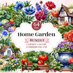 Pacote de clipart de jardim doméstico, gráficos de primavera, designs de jardim, clipart de colheita, elementos florais, regador