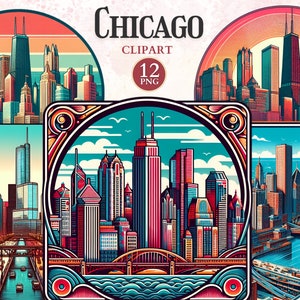 Chicago Clipart, City Silhouette, USA Flag Clipart, Chicago Illinois, Illinois, Vacation Graphics, Travel Vector, American Symbol
