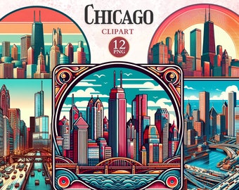 Chicago Clipart, City Silhouette, USA Flag Clipart, Chicago Illinois, Illinois, Vacation Graphics, Travel Vector, American Symbol