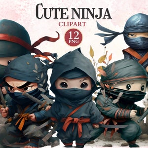 May include: A set of 12 digital clipart images featuring cute cartoon ninjas in various poses. The ninjas are wearing blue and black clothing with red accents. They are holding swords and other weapons. The images are perfect for use in digital scrapbooking, card making, and other creative projects.