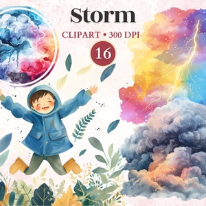 Storm Clipart, Rainy Day, Cloud Watercolor, Kawaii Weather, Cloud Png, Cute Weather, Storm Graphics, Umbrella Clipart