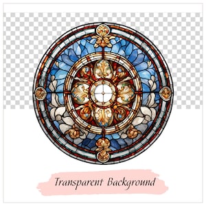K&ouml;nnte beinhalten: Ein rundes Buntglasfenster mit einem blauen, roten, goldenen und wei&szlig;en Design. Das Fenster hat ein kreisf&ouml;rmiges Muster mit einem zentralen Kreis und einem floralen Design.