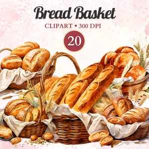 Clipart cestino di pane, pacchetto di clipart alimentare, clipart di panetteria, baguette Png, acquerello, Png trasparente, download istantaneo