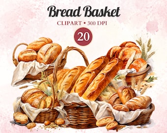 Könnte beinhalten: Eine Sammlung von 20 Aquarellillustrationen verschiedener Brotsorten in Weidenkörben. Das Brot ist in einem realistischen Stil mit warmen Braun- und Goldtönen dargestellt. Die Illustrationen eignen sich perfekt für den Einsatz in Back-, Lebensmittel- und Küchenprojekten.