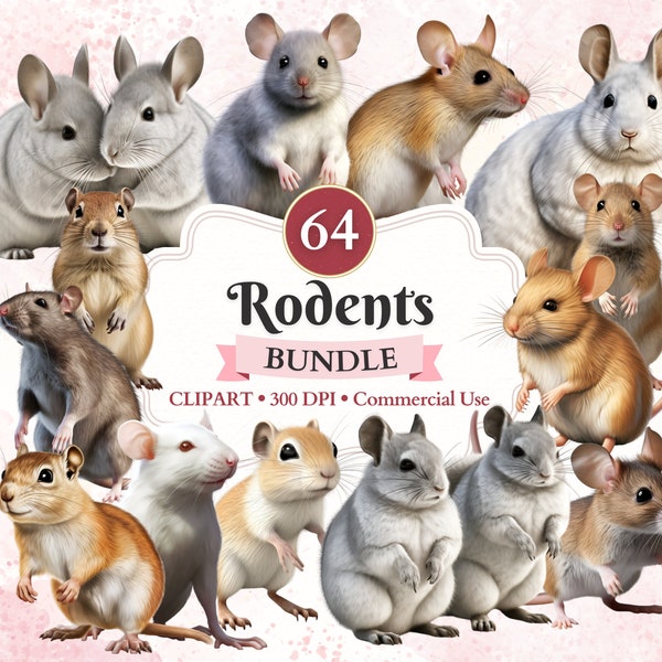 Rodents Clipart Bundle, Rodent Graphics, Gerbil Clipart, Rat Png, Mouse Png, Chinchilla Printable, Pet Graphics