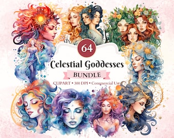 Celestial Goddesses Clipart Bundle, Goddess Png, Mystical Clipart, Divine Feminine, Mythical Creature, Moon Goddess