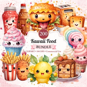Kawaii Essen Clipart Bundle, Aquarell, Süß Essen, Paar, Süßigkeiten, Backen, Candy, Fast Food, Obst, Transparente Png, Kommerzielle Nutzung