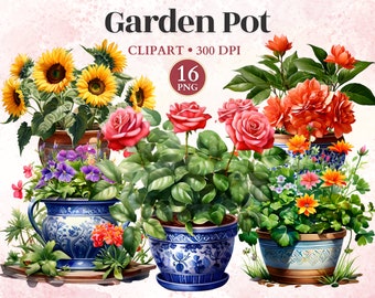 Garden Pot Clipart, Pottery Clipart, Flower Field Print, Flower Vector, Gardening Desings, Gardening Graphics