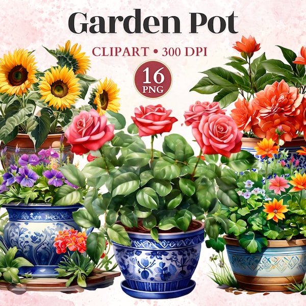 Garden Pot Clipart, Pottery Clipart, Flower Field Print, Flower Vector, Gardening Desings, Gardening Graphics