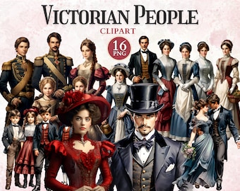 May include: A digital clipart set of 16 Victorian era people in various poses and clothing. The set includes men, women, and children in formal attire, including dresses, suits, and hats. The image is set against a pink and white background.