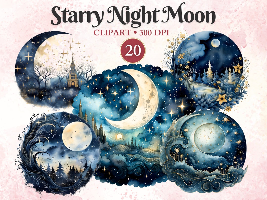Starry Night Moon Clipart, Watercolor, Moon Png, Magic Galaxy Clipart ...