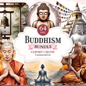Bundle de cliparts bouddhisme, moine méditation, jardin asiatique, art bouddhiste, statue de Bouddha, graphiques de méditation, clipart yoga