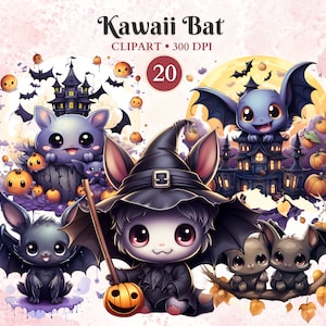 Kawaii Bat Clipart, Halloween Animals Clipart, Cute Bat Clipart, Creepy Cute, Happy Halloween Party, Transparent Png, Instant Download