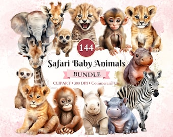 Safari Baby Animals Clipart Bundle, Lion, Zebra, Elephant, Giraffe, Cheetah, Hippo, Rhino, Monkey, Commercial Use