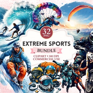 Extreme sport clipartbundel, parachutespringen, klimmen, surfen, snowboard, buitenactiviteit, avontuurlijke sport, sportafbeelding